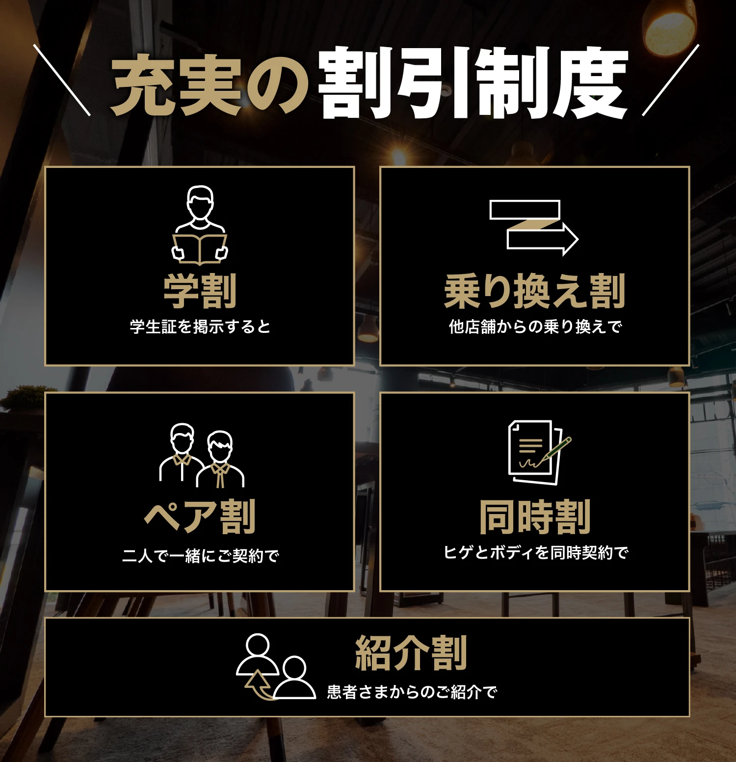 学割・乗り換え割・ペア割・同時割・紹介割について